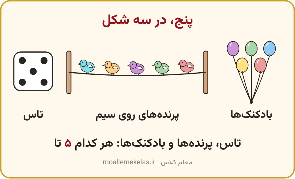 تاس، پنج پرنده روی سیم و پنج بادکنک، تمرین صفحه ۵۹ ریاضی اول