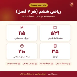 اینفوگرافیک محتوای بستهٔ کامل کاربرگ و آزمون ریاضی ششم (هر ۷ فصل): تعداد کاربرگ، آزمون و نمونه سؤال
