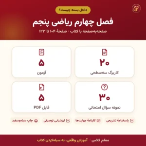 اینفوگرافیک محتوای بستهٔ کامل کاربرگ و آزمون فصل چهارم ریاضی پنجم: تعداد کاربرگ، آزمون و نمونه سؤال