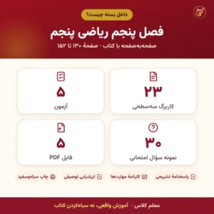 اینفوگرافیک محتوای بستهٔ کامل کاربرگ و آزمون فصل پنجم ریاضی پنجم: تعداد کاربرگ، آزمون و نمونه سؤال