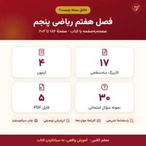 اینفوگرافیک محتوای بستهٔ کامل کاربرگ و آزمون فصل هفتم ریاضی پنجم: تعداد کاربرگ، آزمون و نمونه سؤال