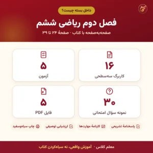 اینفوگرافیک محتوای بستهٔ کامل کاربرگ و آزمون فصل دوم ریاضی ششم: تعداد کاربرگ، آزمون و نمونه سؤال