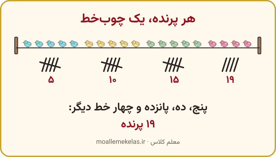 پرنده‌های روی سیم برق با چوب‌خط پنج‌تایی شمرده شده‌اند، تمرین صفحه ۱۰۶ ریاضی اول
