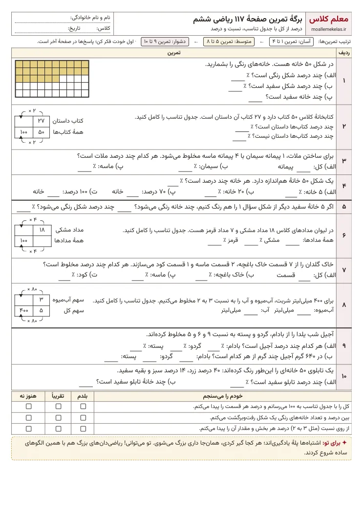 پیش‌نمایش کاربرگ صفحه ۱۱۷ ریاضی ششم
