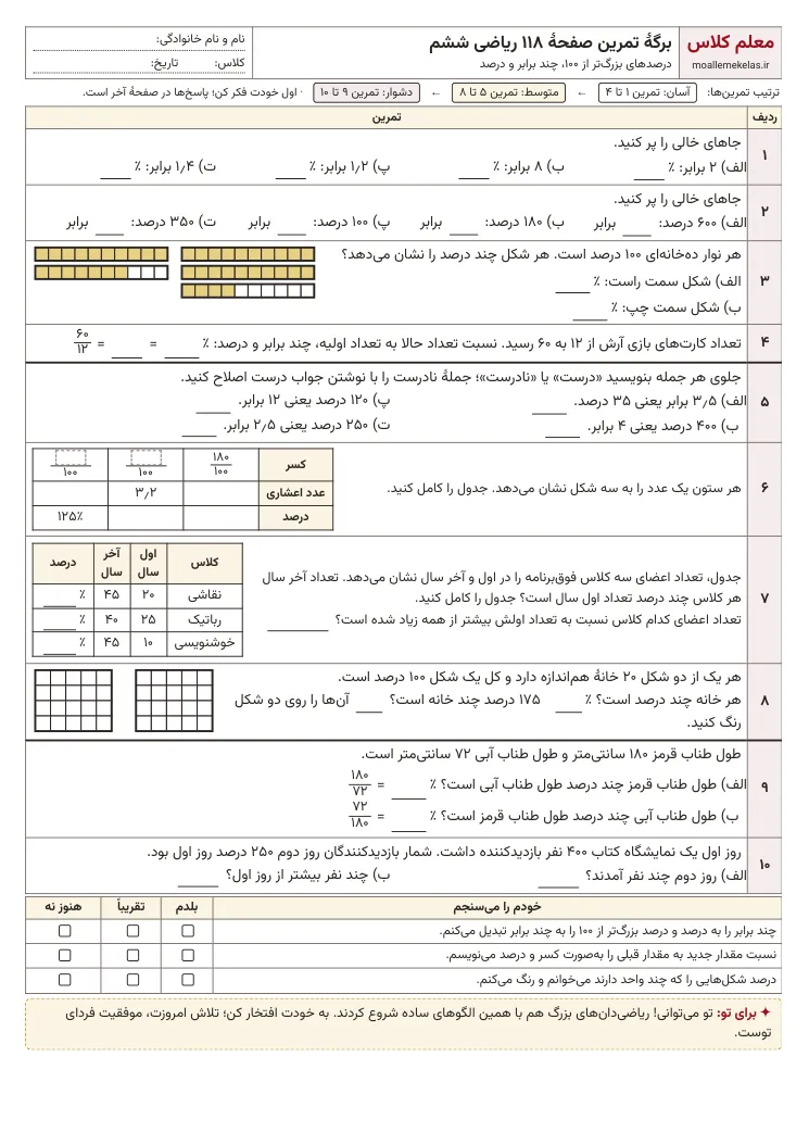 پیش‌نمایش کاربرگ صفحه ۱۱۸ ریاضی ششم