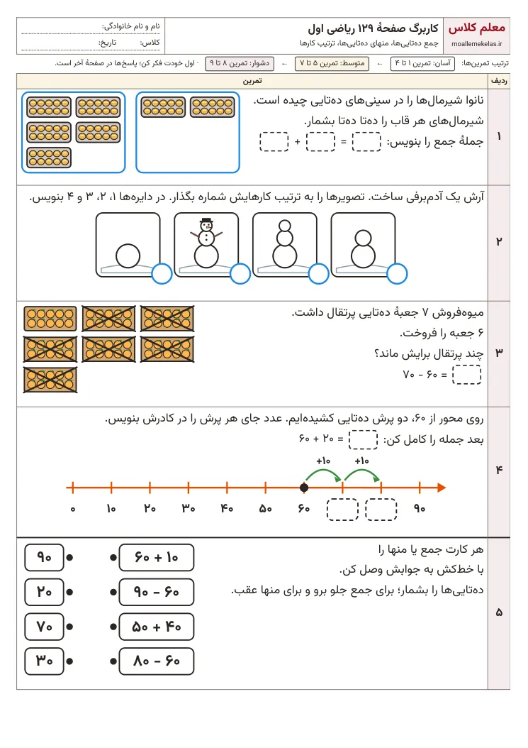 پیشنمایش کاربرگ صفحه ۱۲۹ ریاضی اول