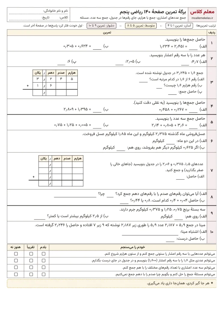 پیش‌نمایش کاربرگ صفحه ۱۴۰ ریاضی پنجم