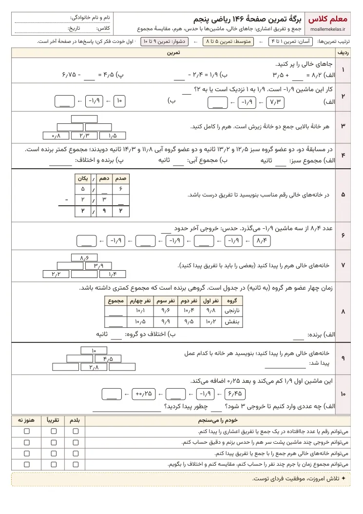 پیش‌نمایش کاربرگ صفحه ۱۴۶ ریاضی پنجم