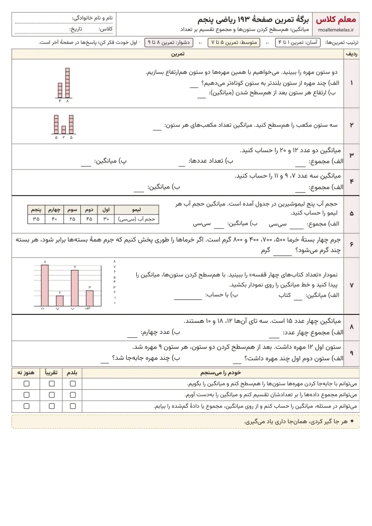پیشنمایش کاربرگ صفحه ۱۹۳ ریاضی پنجم
