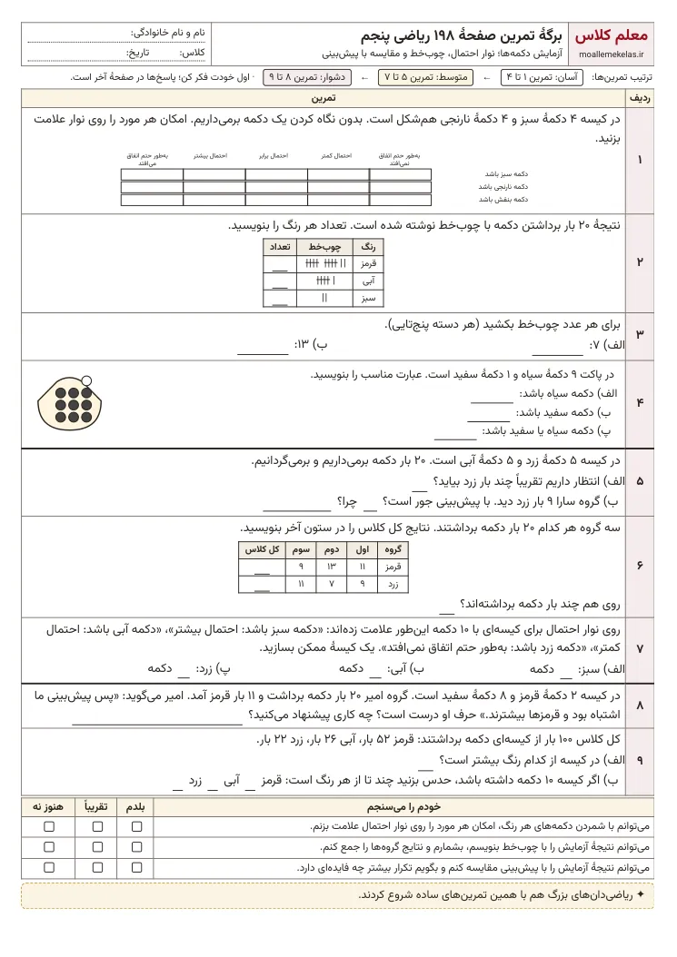 پیشنمایش کاربرگ صفحه ۱۹۸ ریاضی پنجم