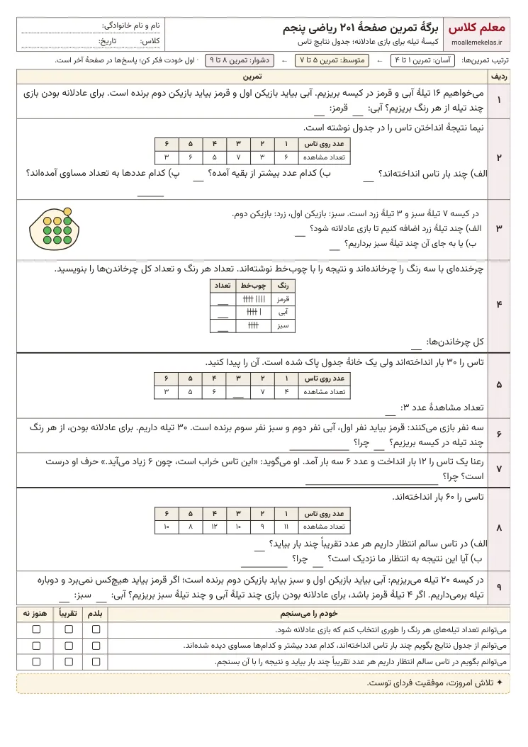 پیش‌نمایش کاربرگ صفحه ۲۰۱ ریاضی پنجم