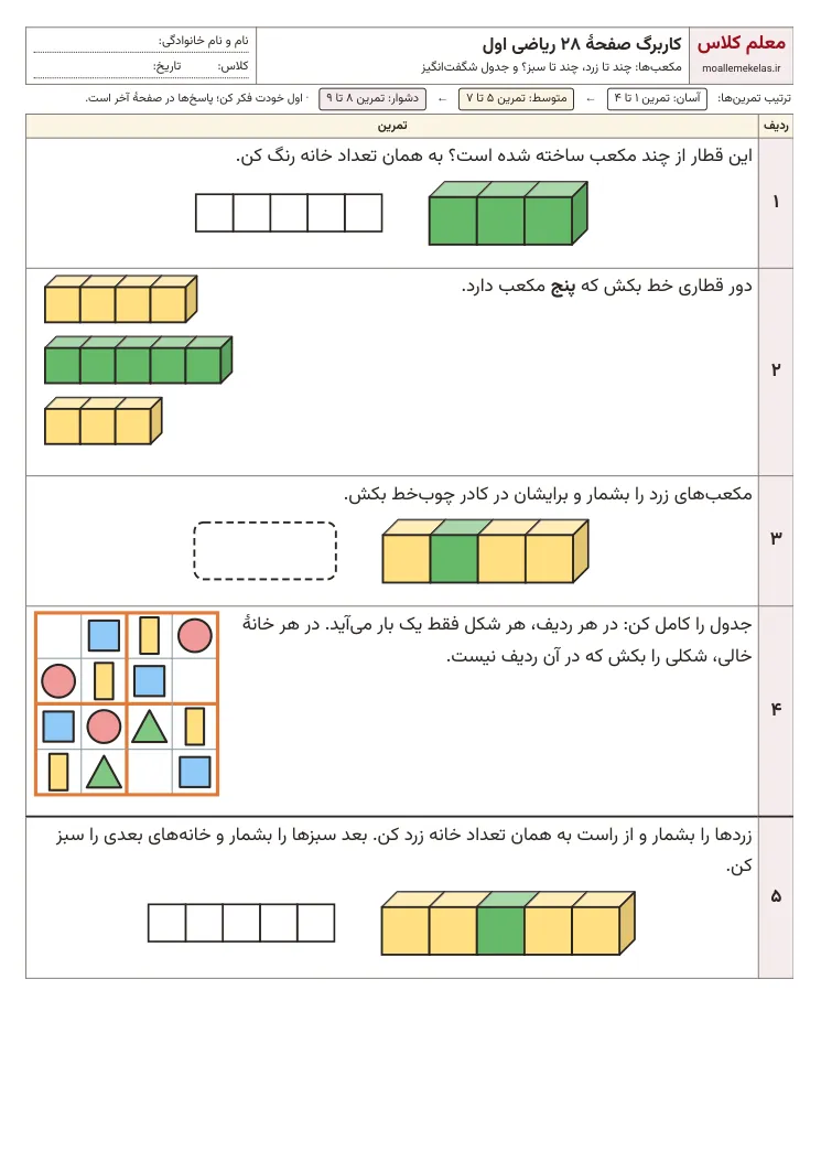 پیش‌نمایش کاربرگ صفحه ۲۸ ریاضی اول