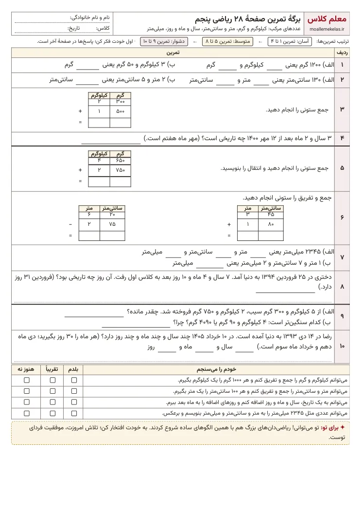 پیش‌نمایش کاربرگ صفحه ۲۸ ریاضی پنجم