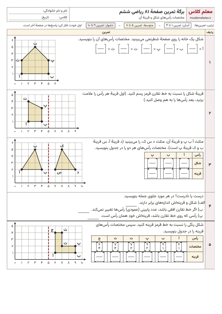 پیش‌نمایش کاربرگ صفحه ۸۱ ریاضی ششم