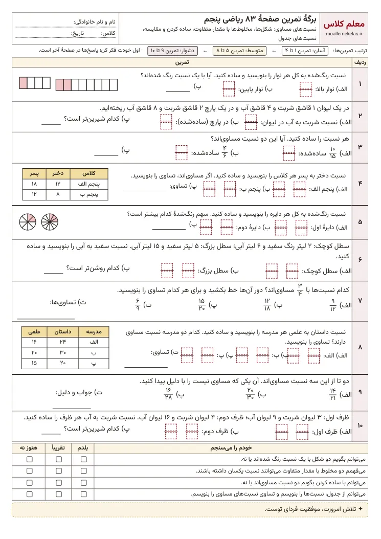 پیش‌نمایش کاربرگ صفحه ۸۳ ریاضی پنجم