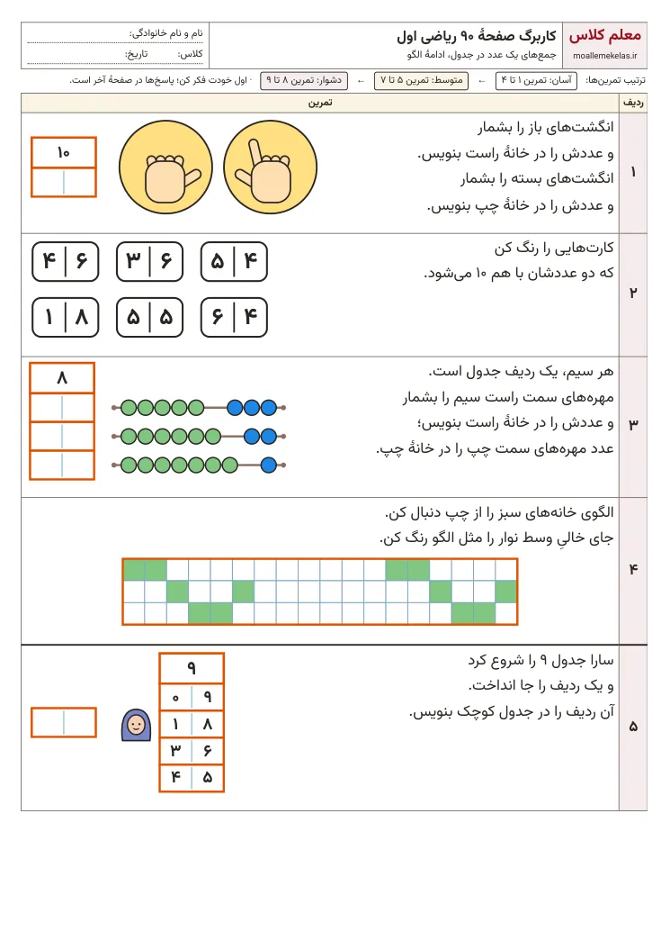 پیش‌نمایش کاربرگ صفحه ۹۰ ریاضی اول