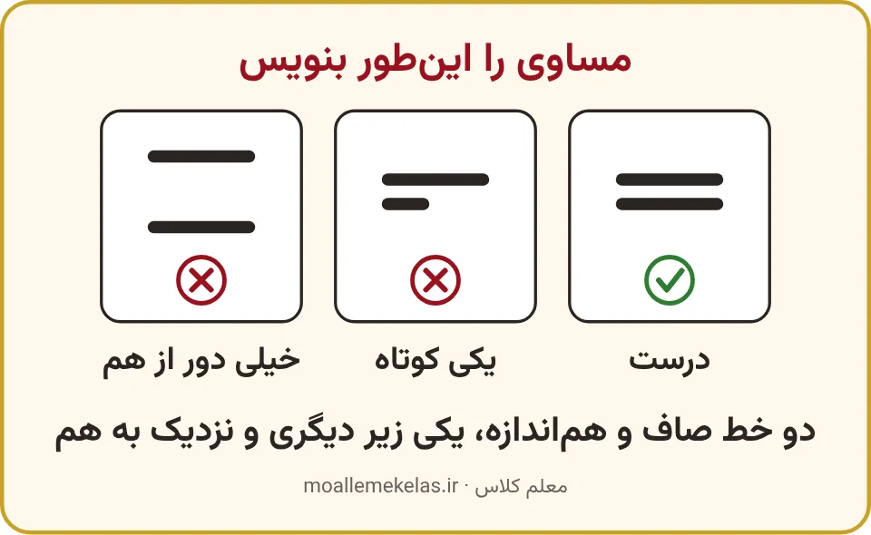 شکل درست نوشتن علامت مساوی کنار دو شکل نادرست