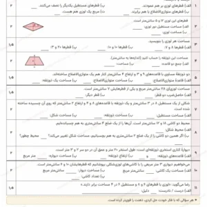 پیش‌نمایش آزمون درس مساحت لوزی و ذوزنقه ریاضی پنجم