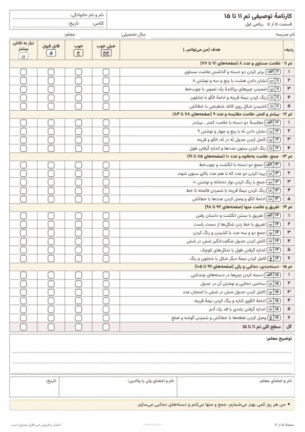 پیشنمایش کارنامهٔ توصیفی تم ۱۱ تا ۱۵ ریاضی اول