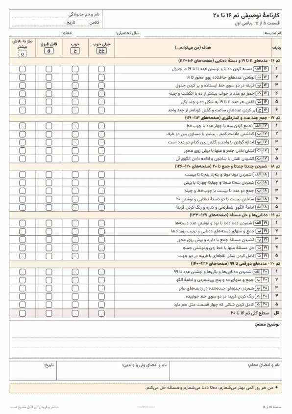 پیشنمایش کارنامهٔ توصیفی تم ۱۶ تا ۲۰ ریاضی اول