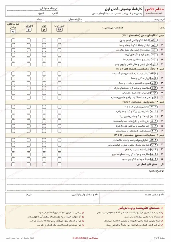 پیشنمایش کارنامهٔ توصیفی فصل اول ریاضی ششم