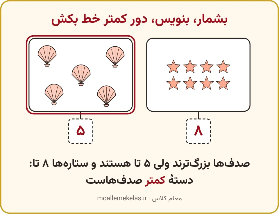 دو کارت پنج صدف و هشت ستارهٔ دریایی با عددهایشان و قاب دور صدفها، تمرین صفحه ۷۹ ریاضی اول