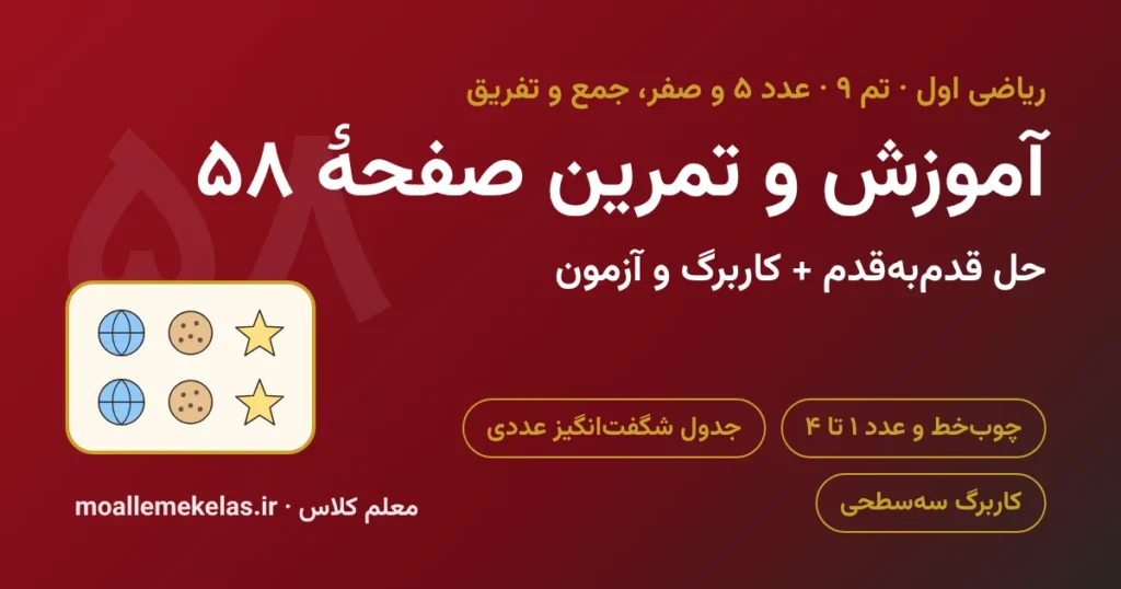 آموزش و تمرین صفحه ۵۸ ریاضی اول
